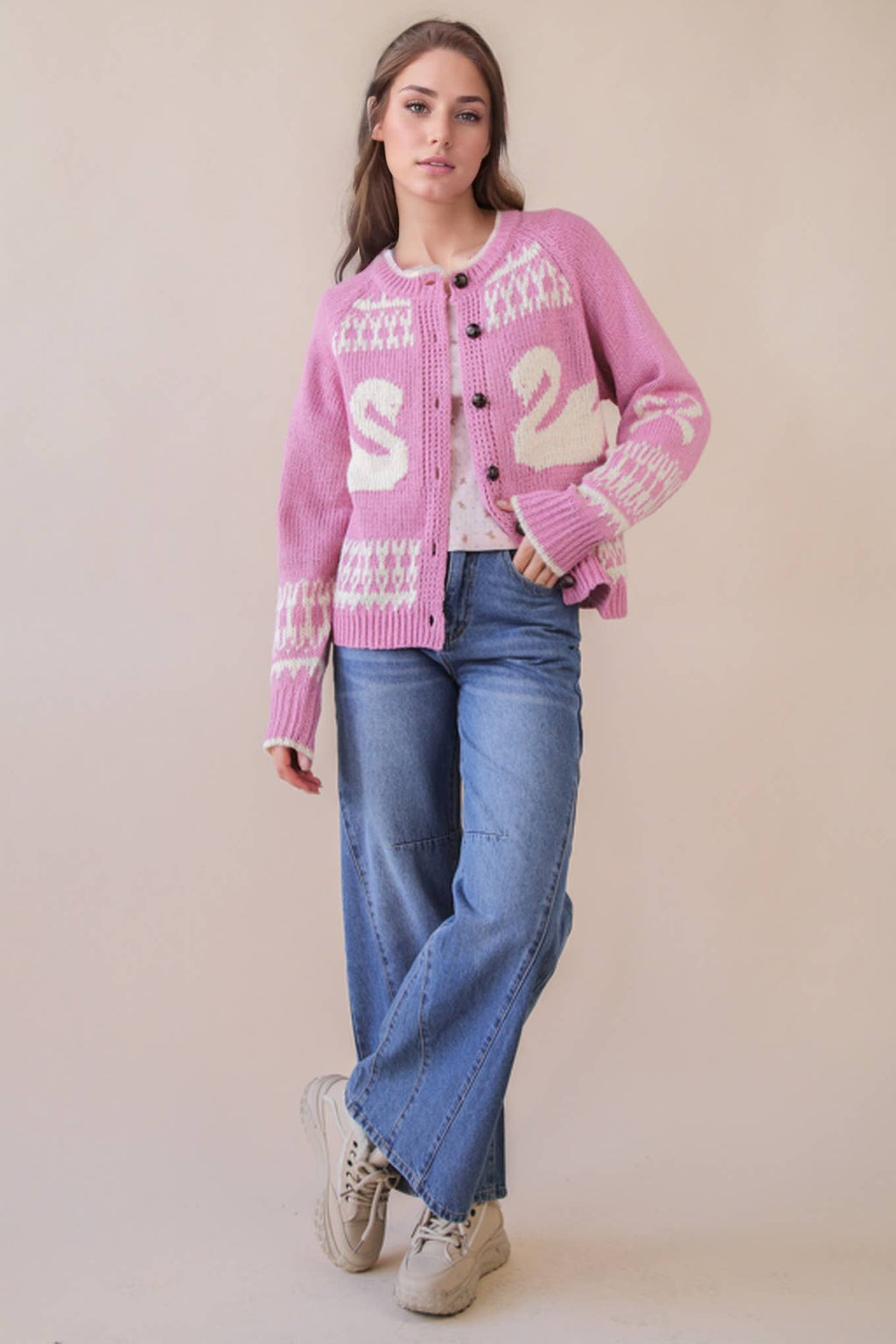 12W3463N-Oversized Graphic Casual Knit Sweater Cardigan