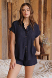 Evergreen Crinkle Collared Button Up