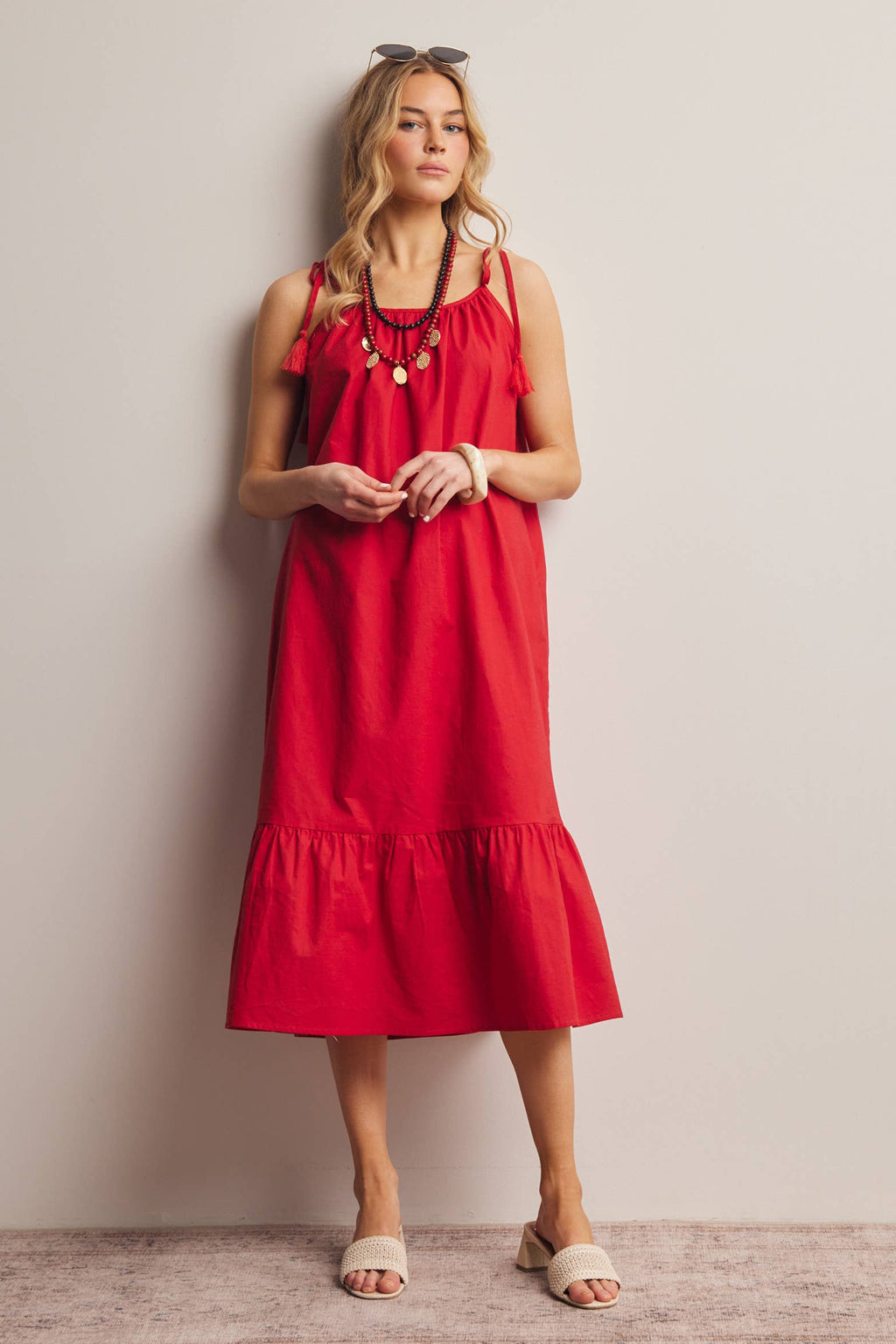 Red Tassel Strap Open-Back Midi Dress