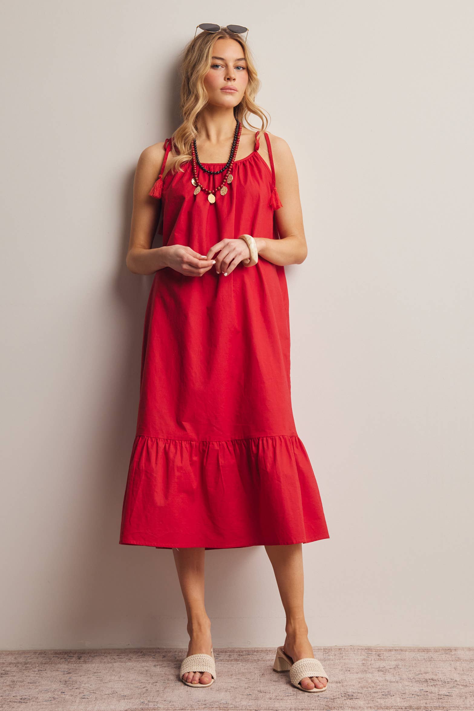 Red Tassel Strap Open-Back Midi Dress