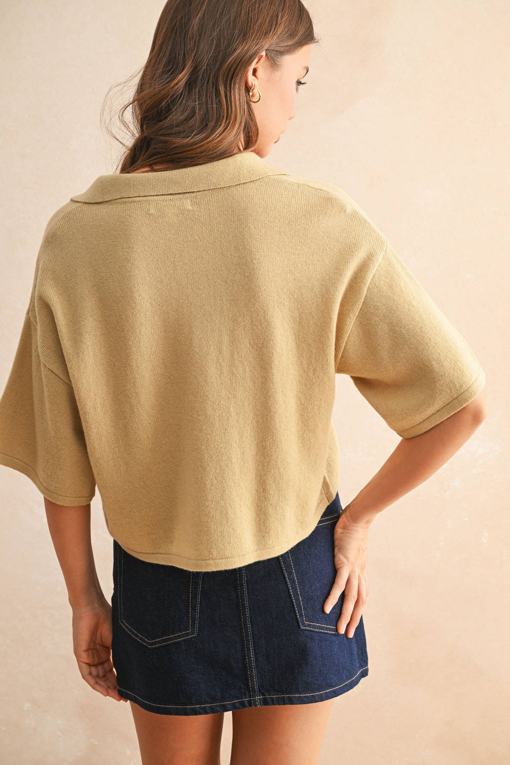 V-Neck Collared Cropped Knit Polo
