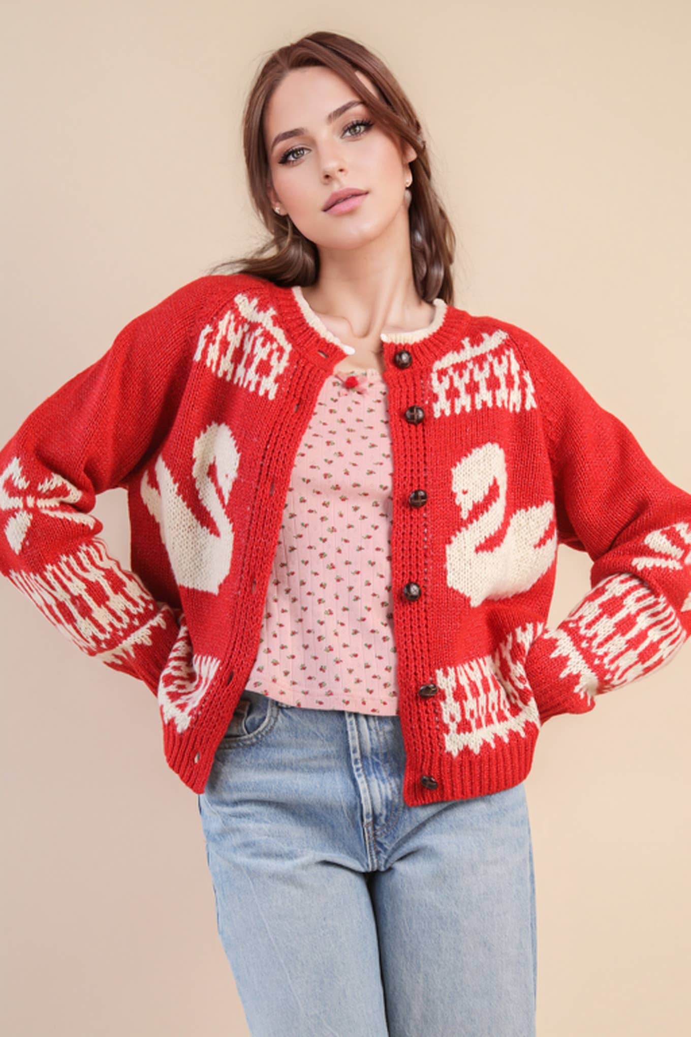 12W3463N-Oversized Graphic Casual Knit Sweater Cardigan