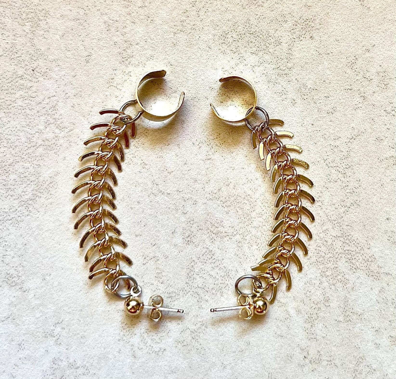 Gold Fishbone Chain Ear Cuff: 14K Gold Filled Ball Post