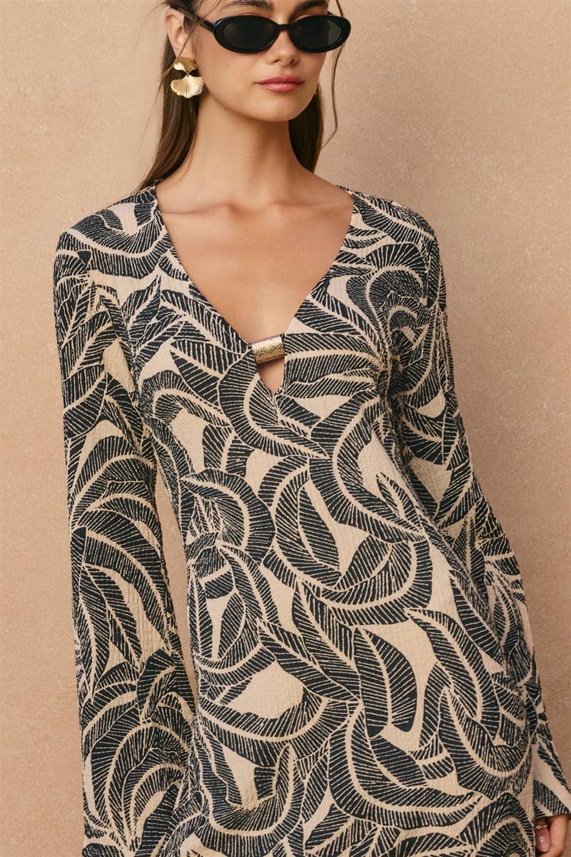 Tropical Leaf Gold Trim Bell Sleeve Maxi Dress