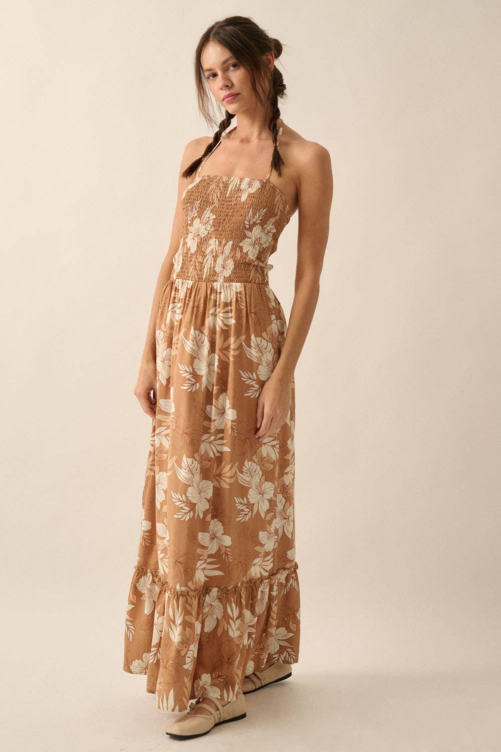 Floral Smocked-Bodice Maxi Halter Dress