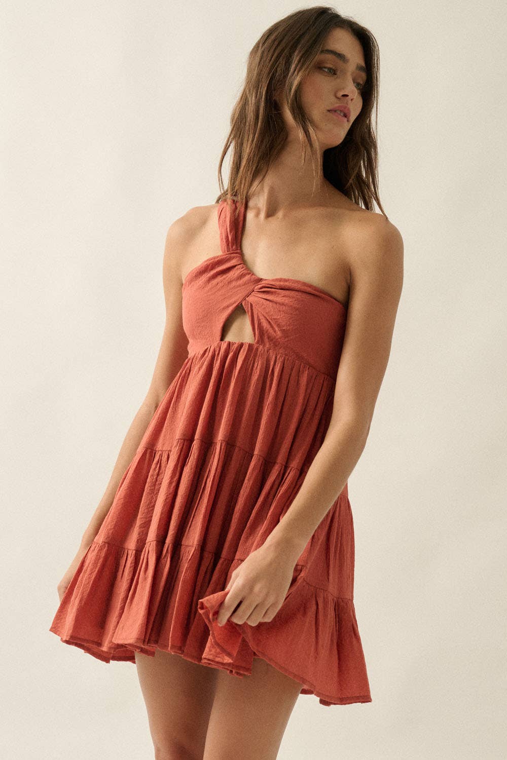 Jacquard Asymmetrical One-Shoulder Tiered Keyhole Mini Dress