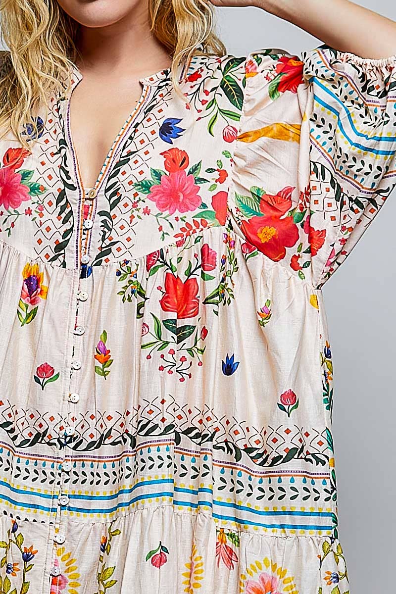 Boho Deep V-Neck Floral Balloon Sleeve Long Dress