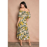 Lemon Print Off-the-Shoulder Puff Sleeve Midi Dress