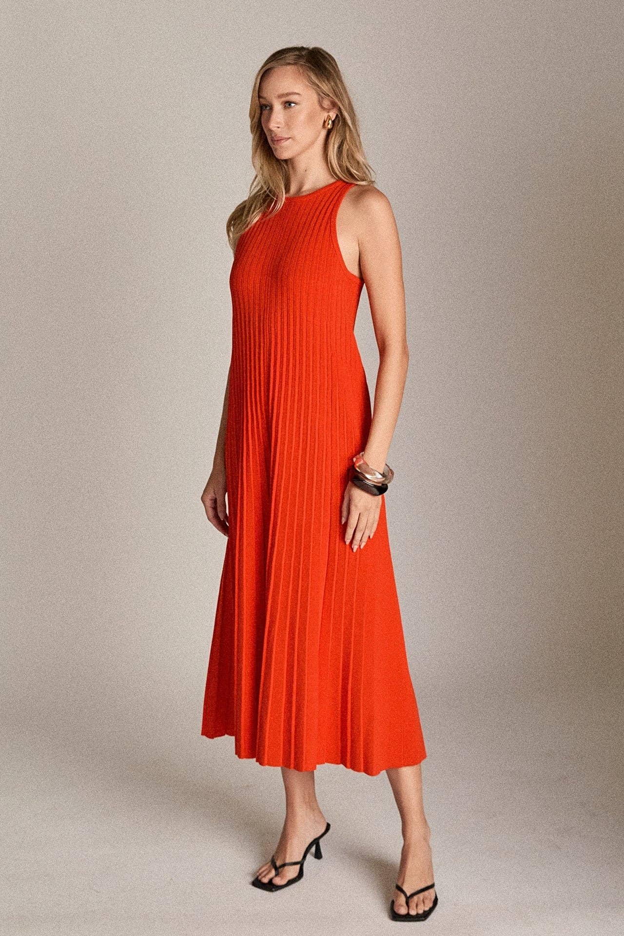 Pleated A-line Knit Midi Dress