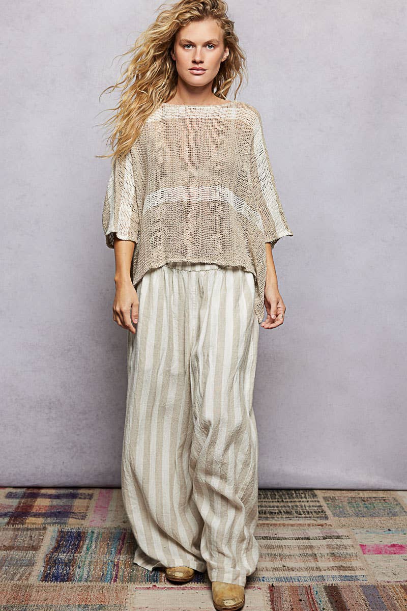 Stripe Round Neck Short Sleeve Crochet Top