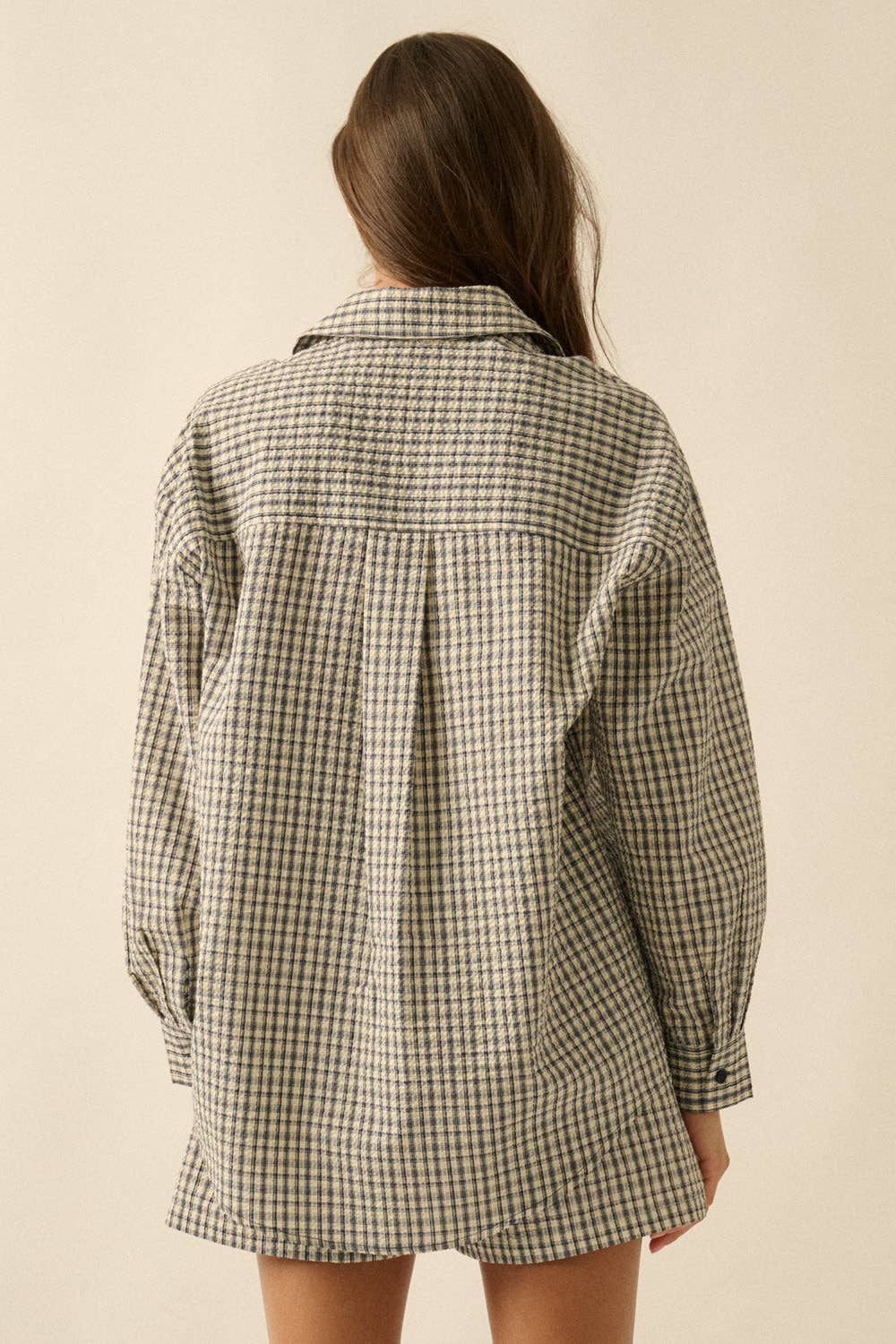 Plaid Textured Seersucker Oversize Button-Up Pocket Shirt