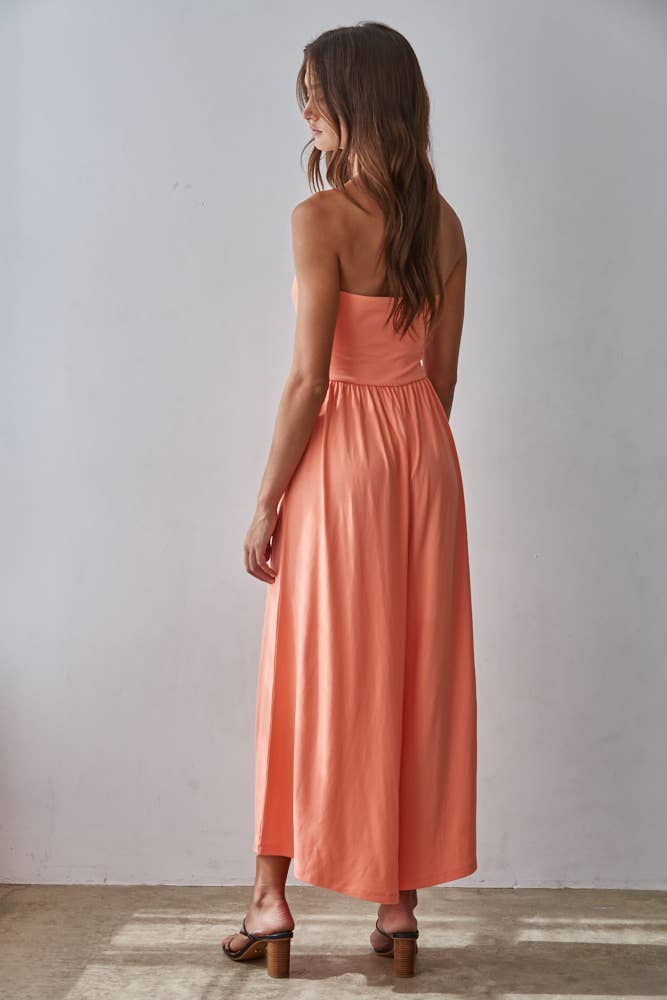 Knit Polyester Spandex Tube Strapless Flare Jumpsuit