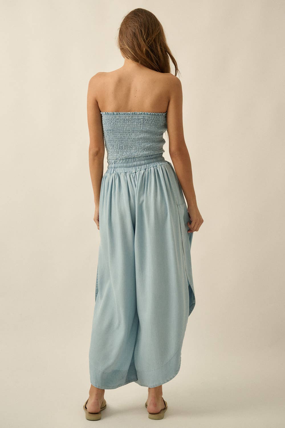 Tencel Denim Smocked Strapless Tulip-Leg Pocket Jumpsuit
