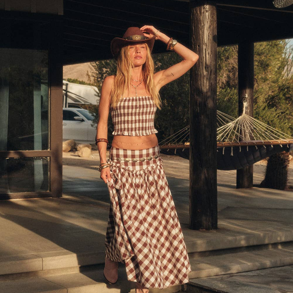 Gingham Plaid Smocked Cropped Ruffle Cami Top