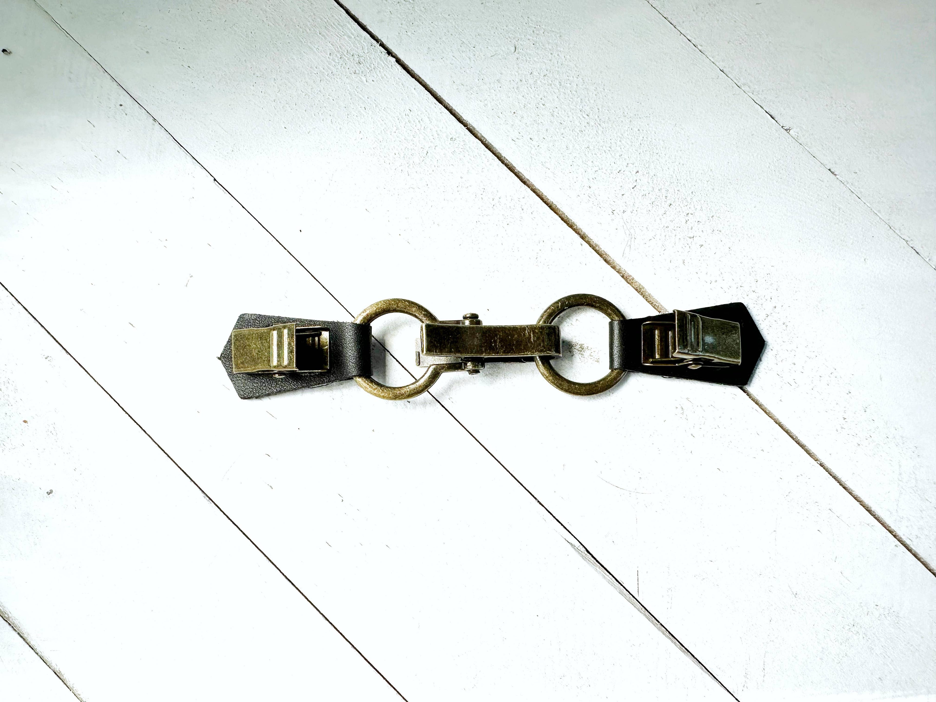 Bronze Buckle & Black Leather Cinch Clip for Dress, Cardigan