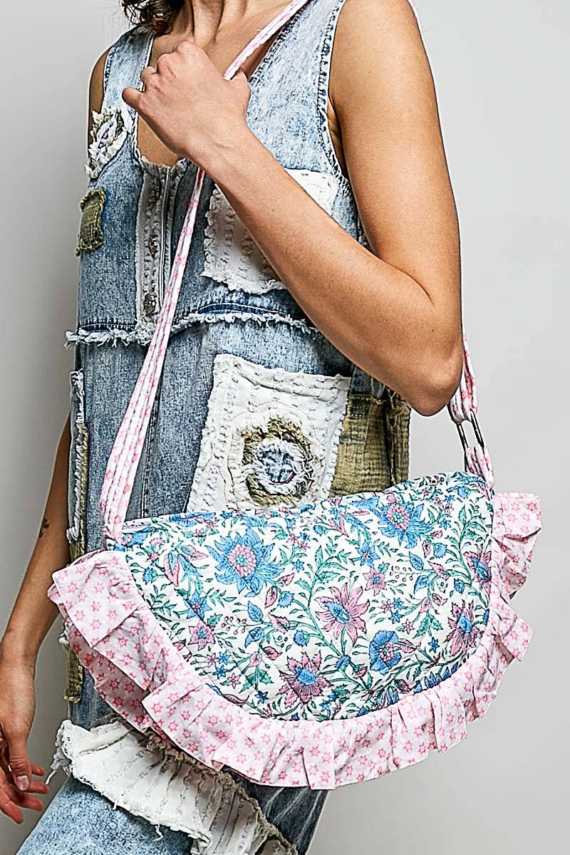 Half Moon Quilted Floral Ruffle Crossbody Bag