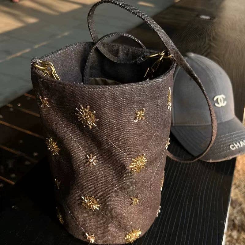 Vintage Studded Denim Shoulder Bucket purse