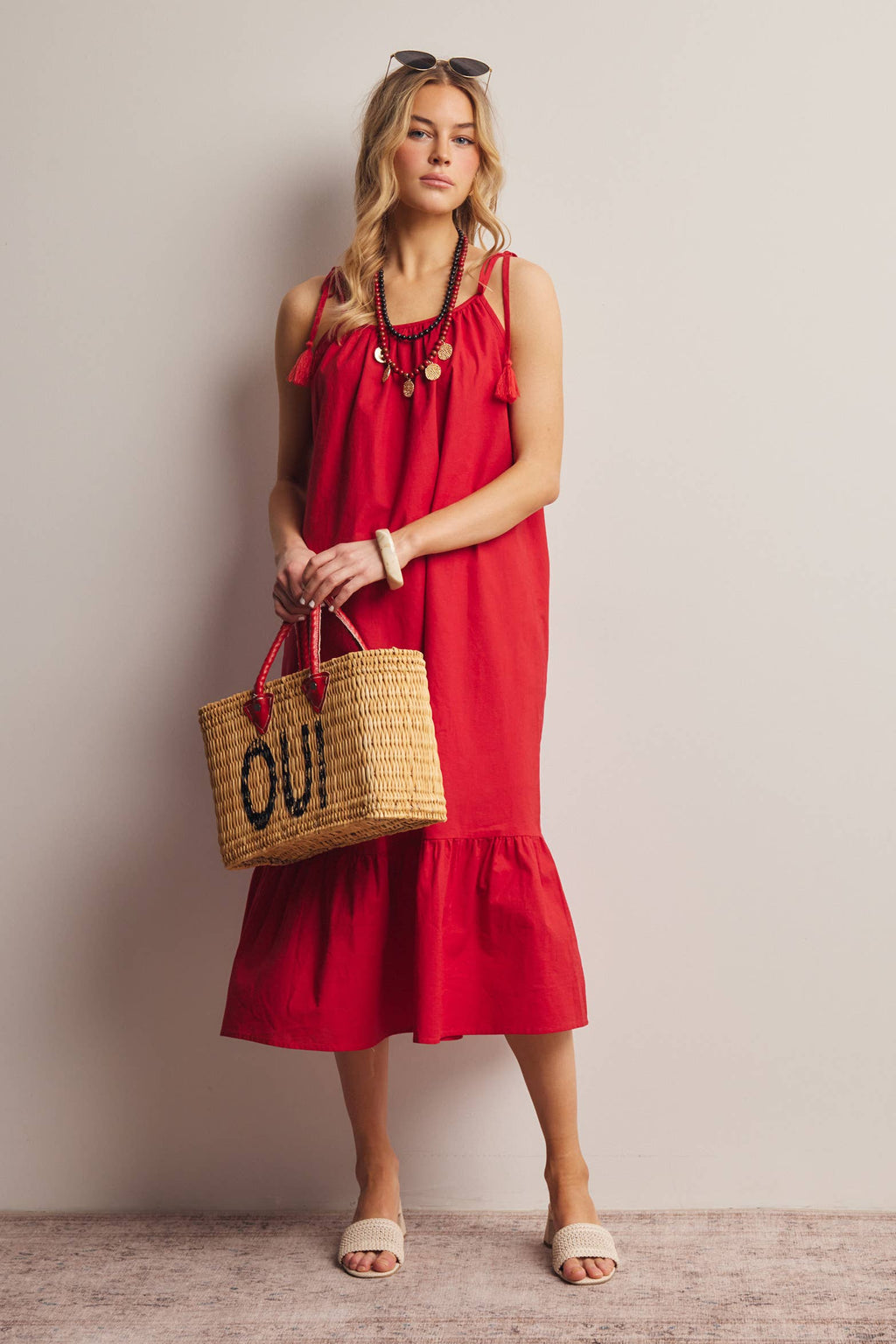 Red Tassel Strap Open-Back Midi Dress