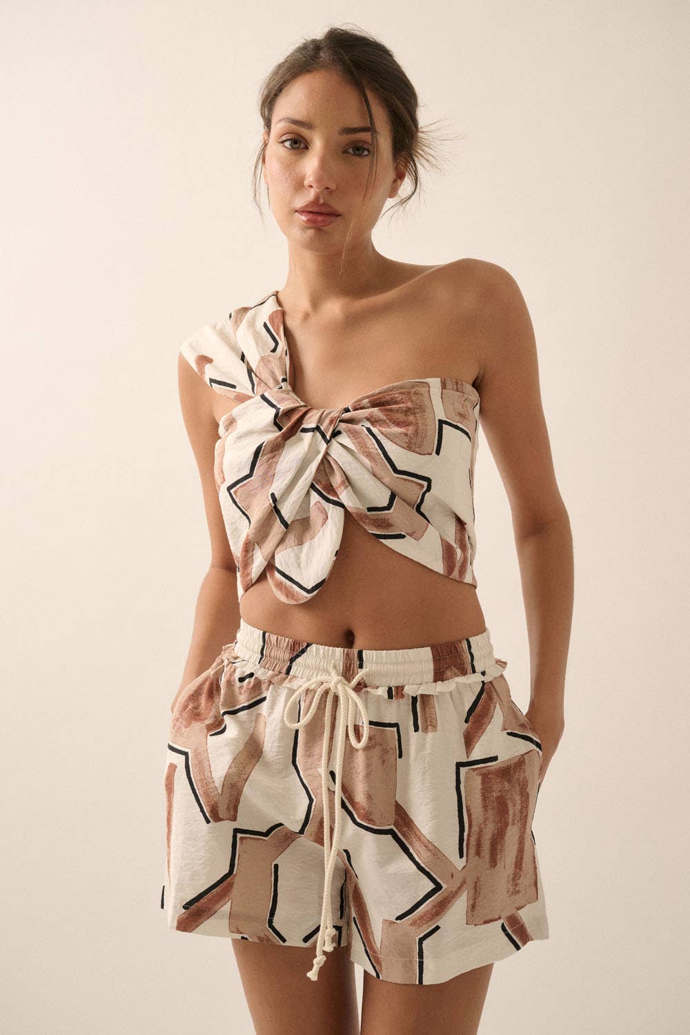 Abstract-Print One-Shoulder Bandeau Top