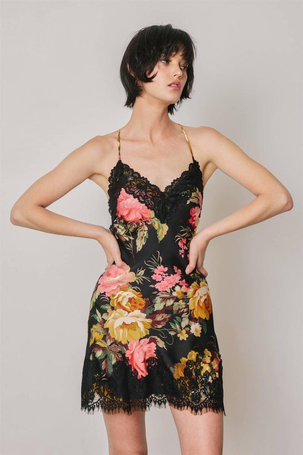 Floral Lace Trim Slip Mini Dress