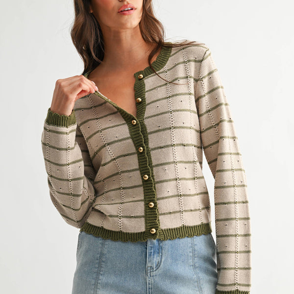 Olive Trim Button-Up Cardigan