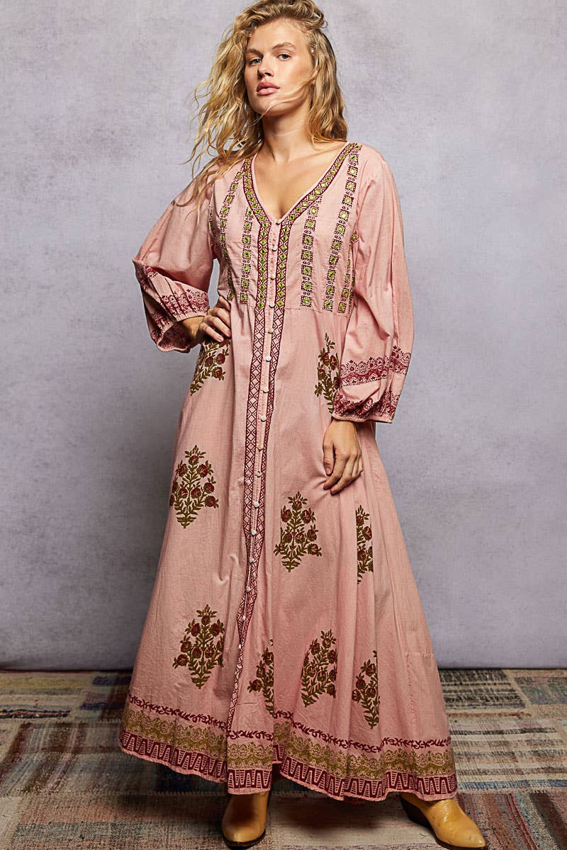 Embroidered Floral Print V-Neck Balloon Sleeve Maxi Dress