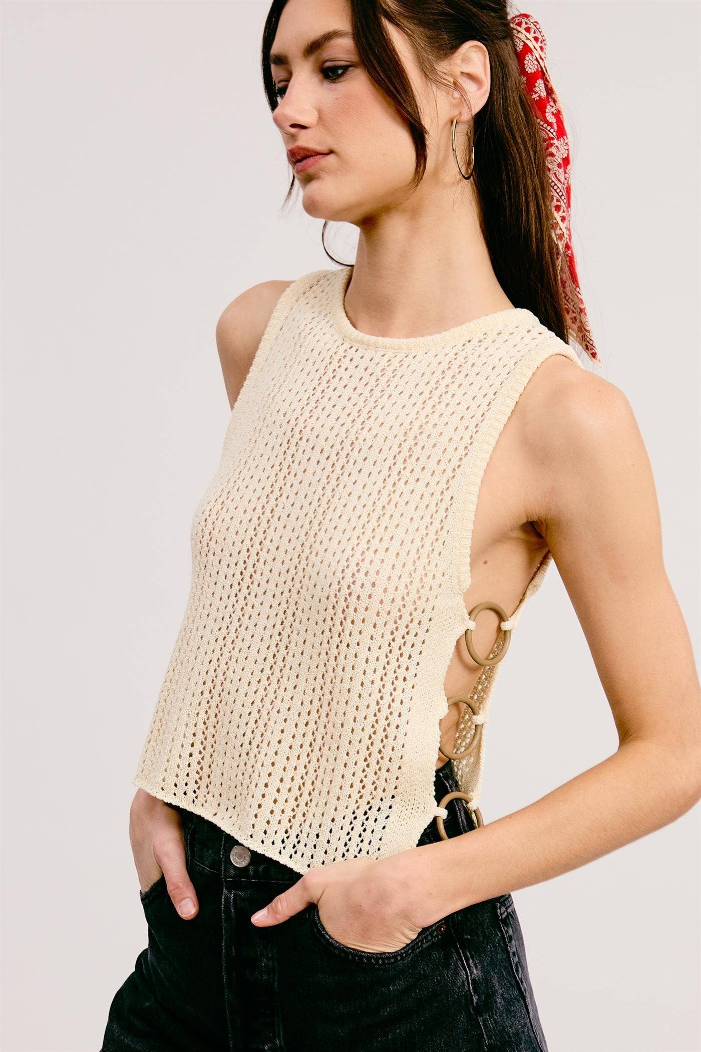 Crochet Knit Tank Top with Side O-Ring Detail
