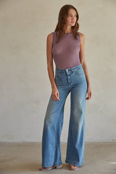 Knit Sweater Ribbed Mock Neck Sleeveless Fitted Top