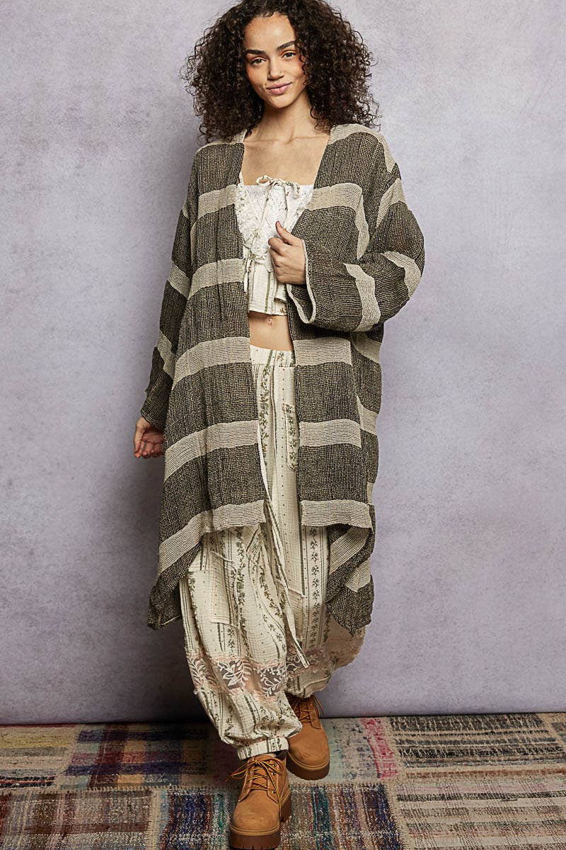 3/4 Sleeve Stripe Linen Open Cardigan