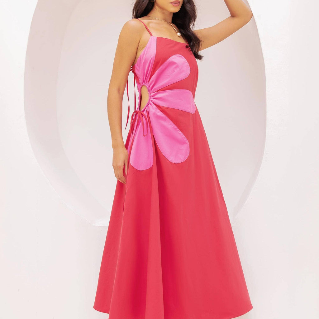 Sleeveless Side Cut-Out Flower Detail Midi Dress