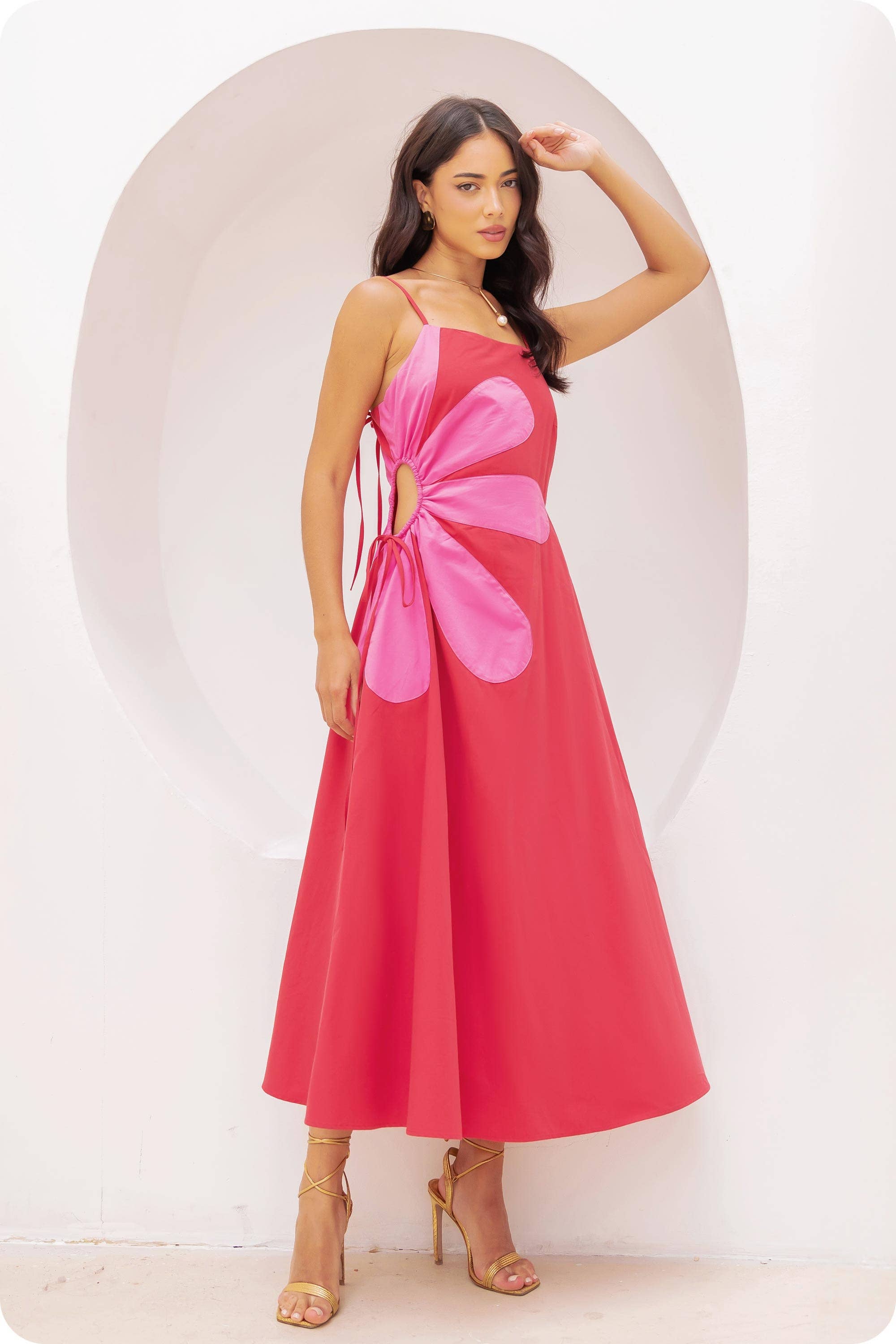 Sleeveless Side Cut-Out Flower Detail Midi Dress