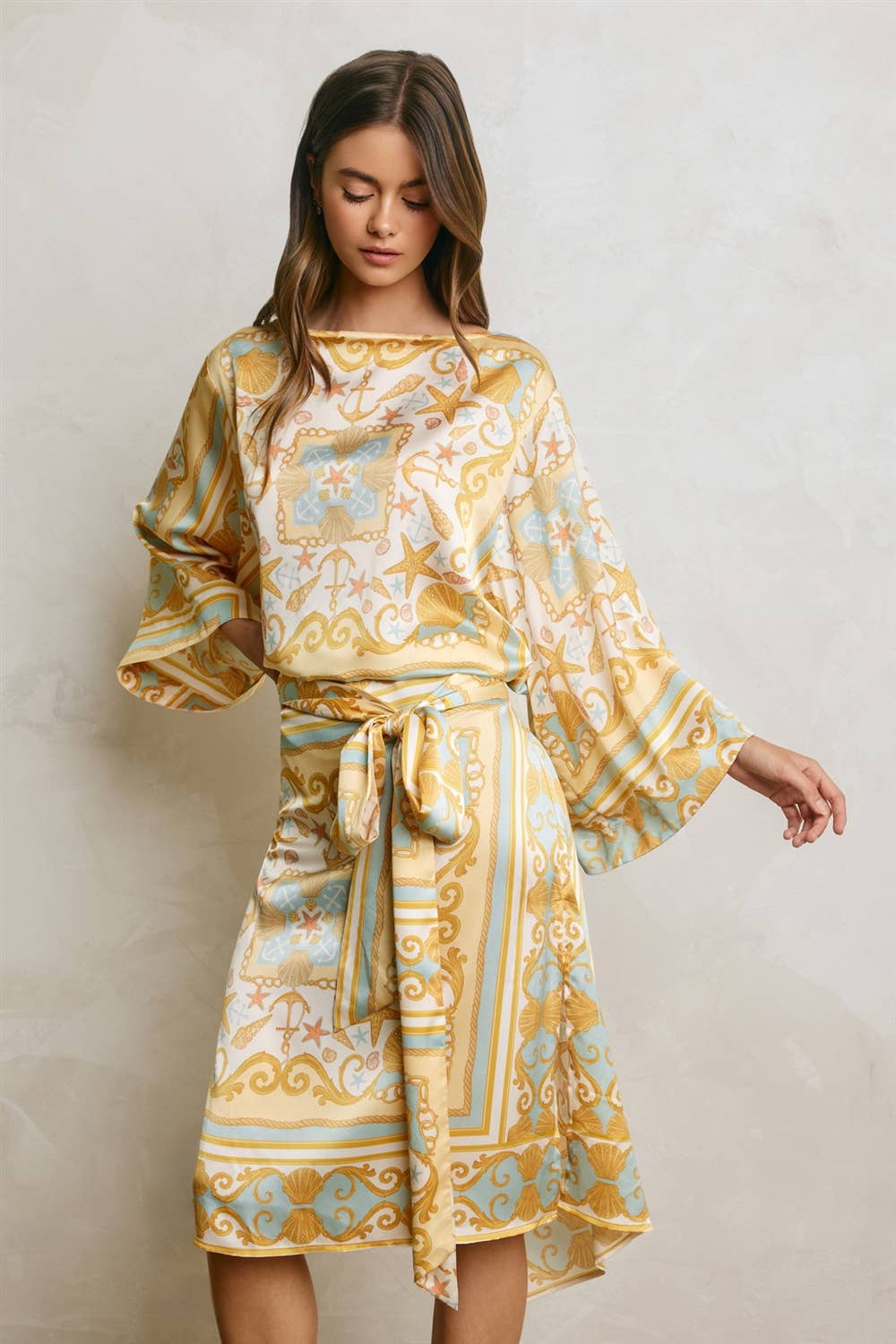 Conversational Scarf Satin Sash Kaftan Dress