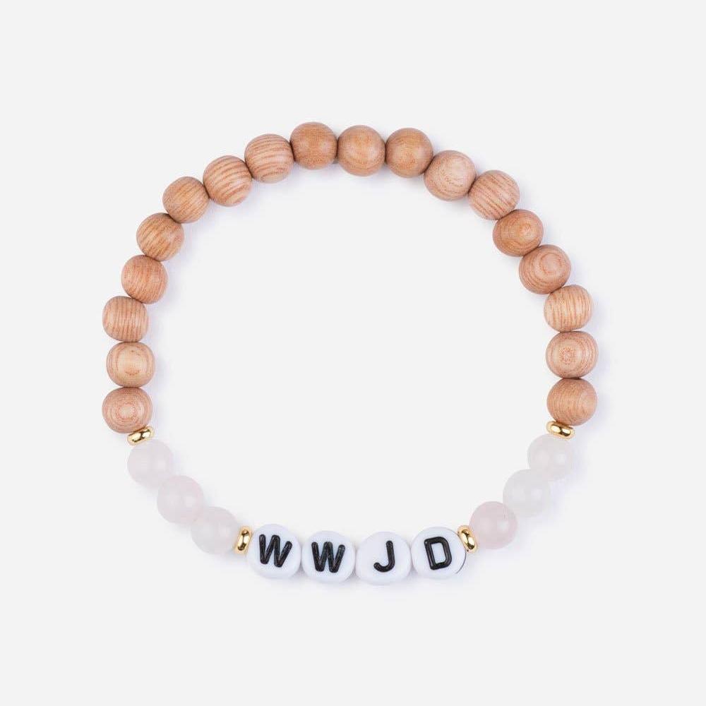 Wooden beaded bracelet with white beads and 'WWJD' letters on a white background