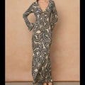 Tropical Leaf Gold Trim Bell Sleeve Maxi Dress