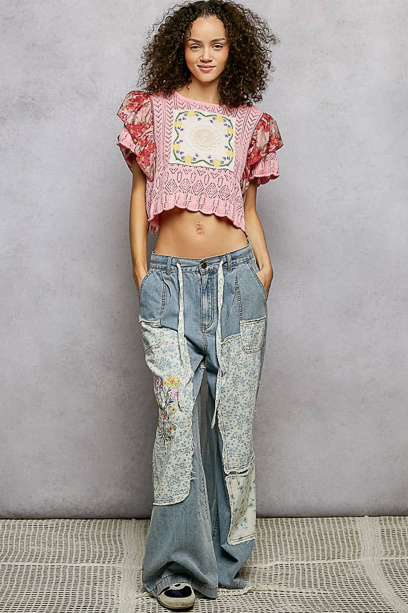 Round Neck Ruffle Embroidered Acrylic Thin Sweater Top
