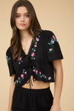 Floral Embroidery Crop Tie Blouse