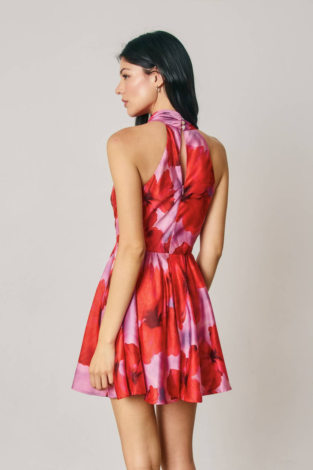 Tropical Floral Draped Halter Neck Mini Dress