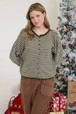 STRIPE RAW EDGE DROP SHOULDER KNIT CARDIGAN