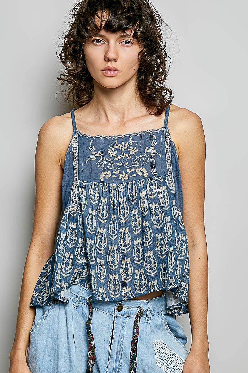 Spaghetti Strap Camisole Printed Embroidered Woven Top