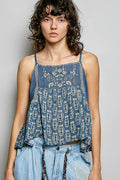 Spaghetti Strap Camisole Printed Embroidered Woven Top