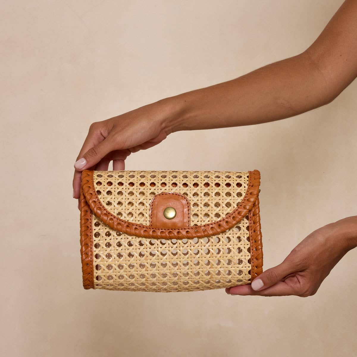 Brown Rattan Clutch with Leather Trim and Crossbody Strap