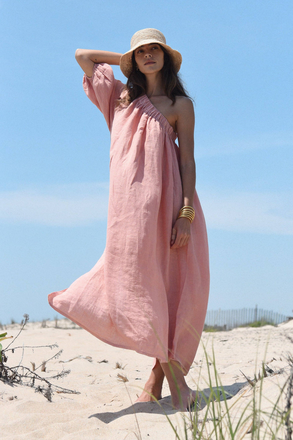 Milos Linen One-Shoulder Maxi Dress – Rose