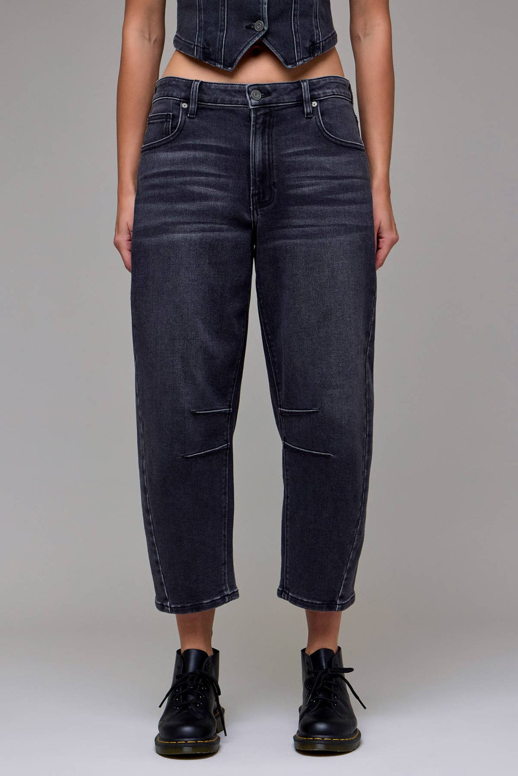 Medium Grey Stretch Cropped Barrel Jeans