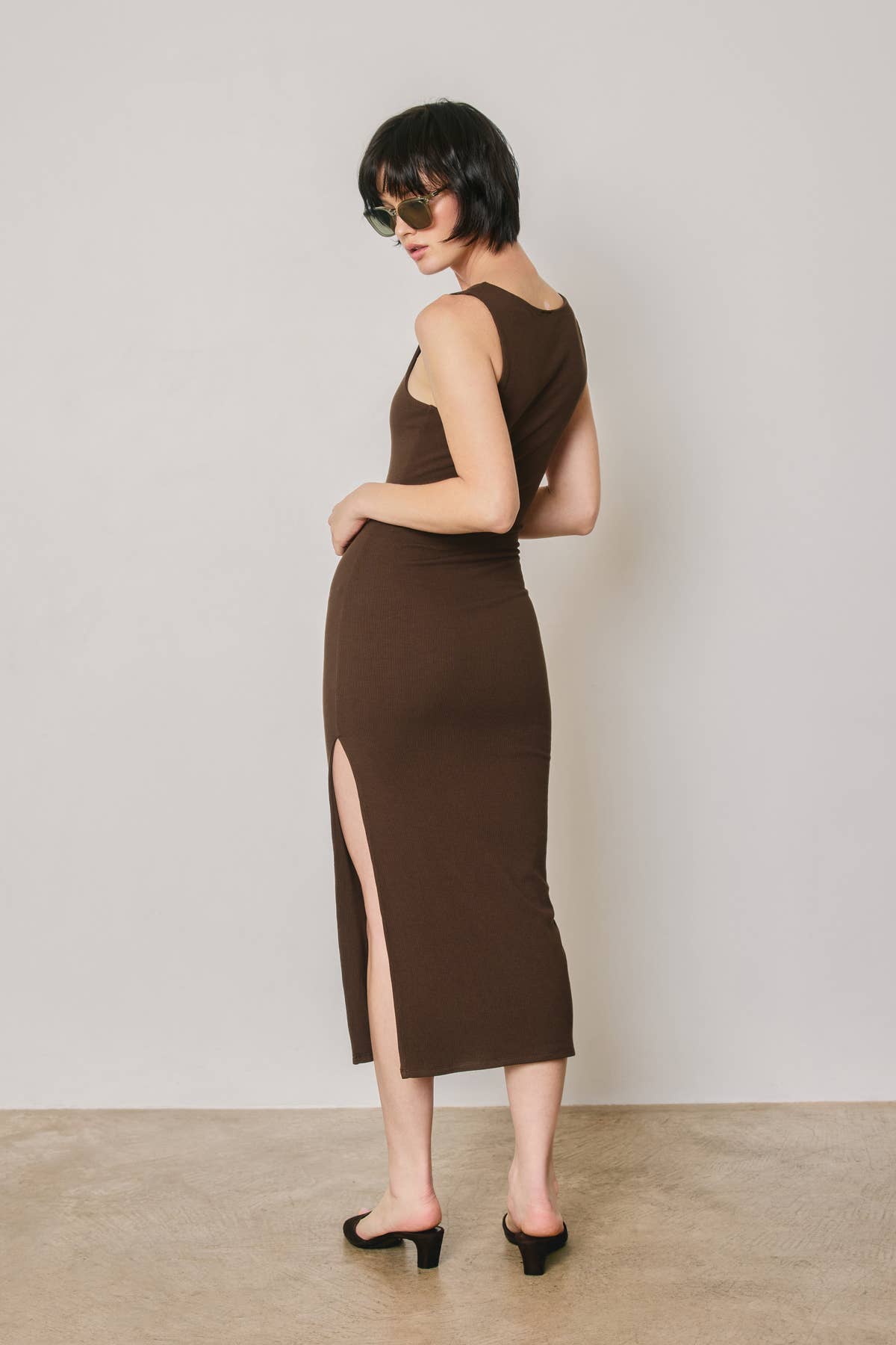 Ribbed Knit Square Neck Bodycon Midi Dress