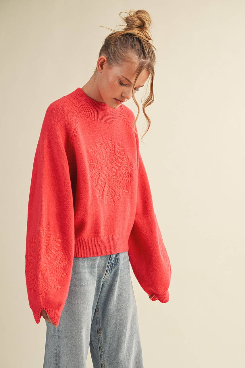 Mock Neck  Snowflake Embroidered Sweater