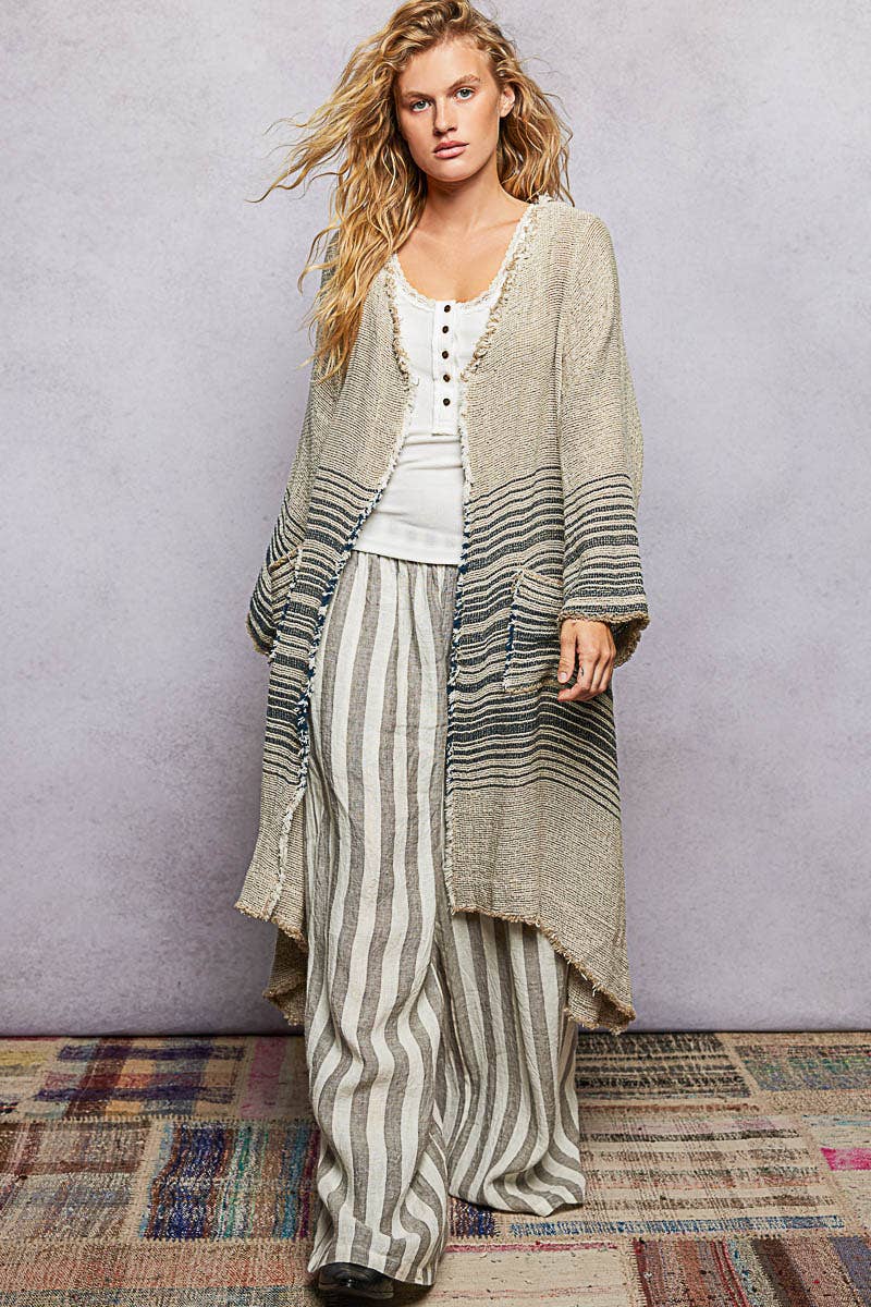 V-Neck Solid Stripe Linen Long Sleeve Cardigan