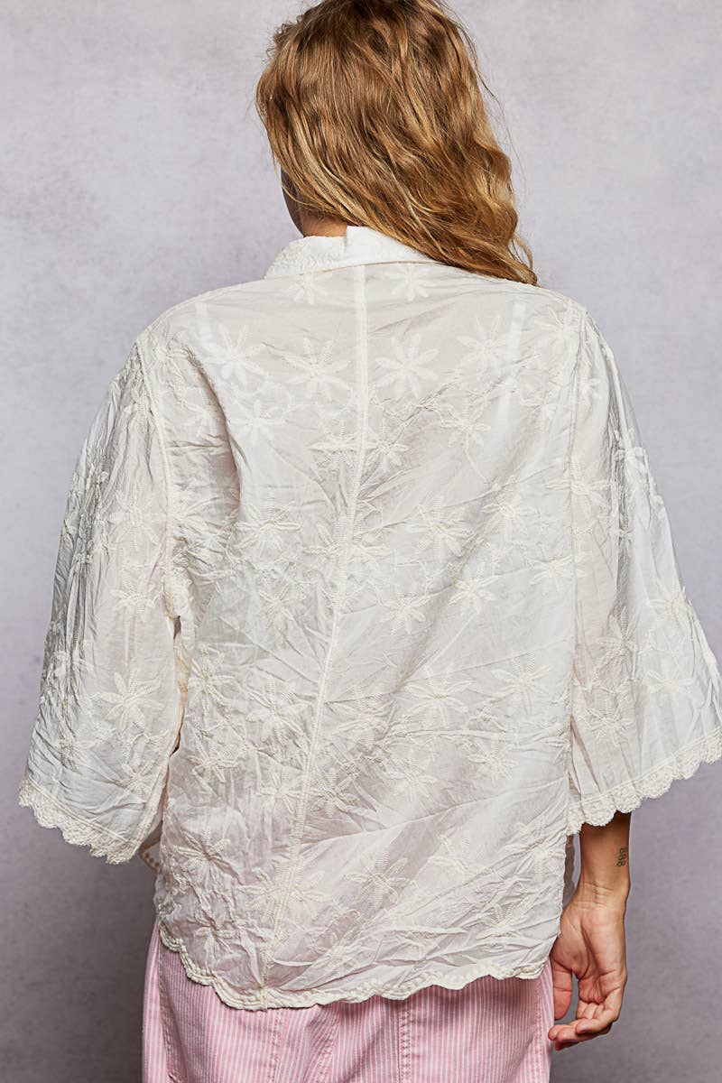 Scalloped Edges Embroidered Floral Half Sleeve Shirt