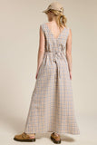 V-neck Sleeveless Plaid Maxi Dress with Back Tie