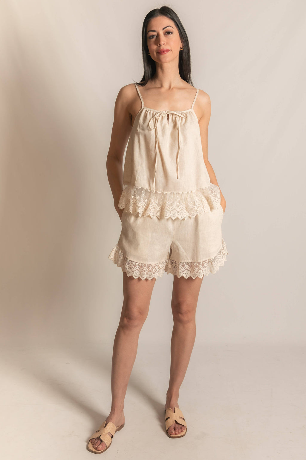 P.CILL Linen Shorts with Lace Contrast