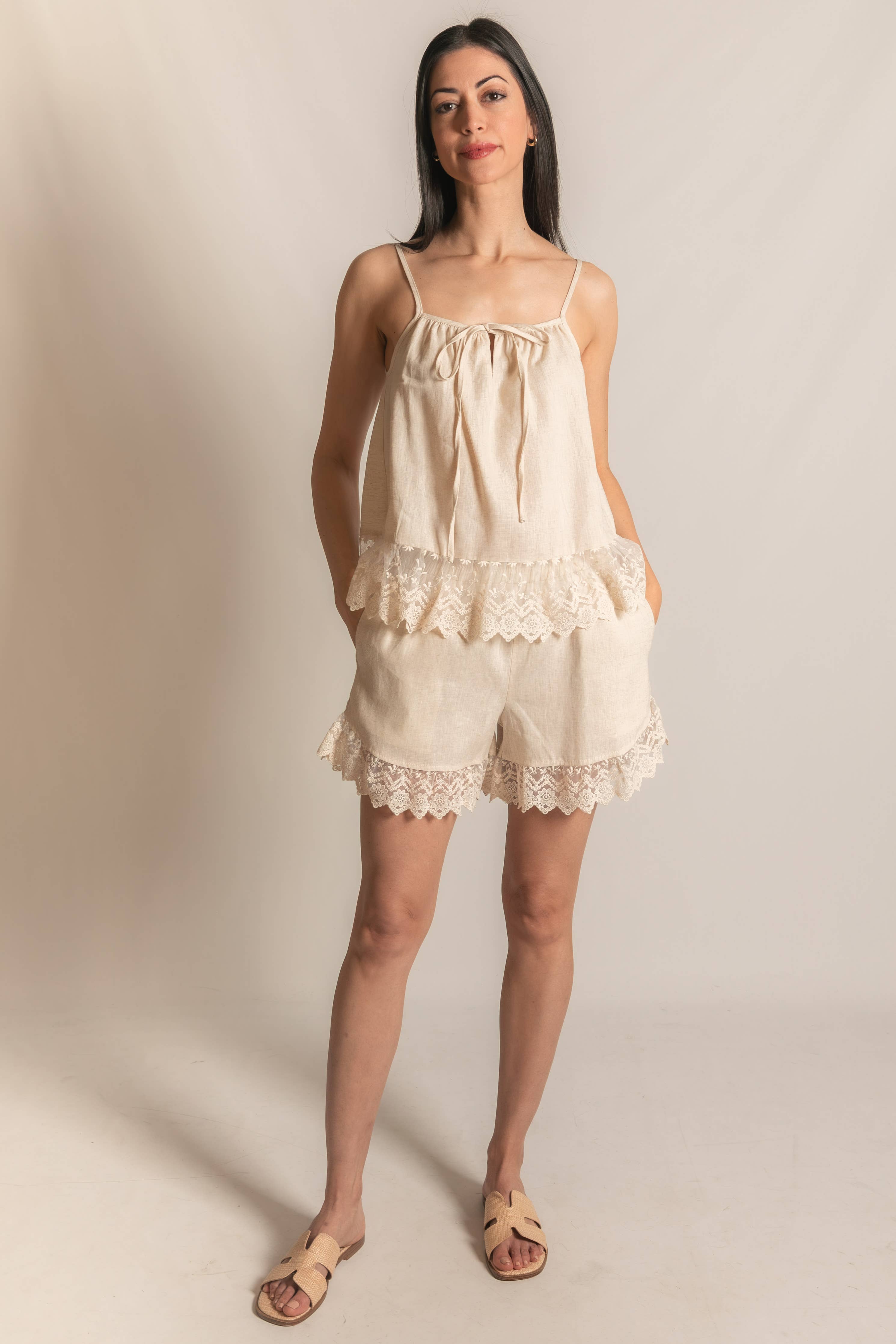P.CILL Linen Shorts with Lace Contrast